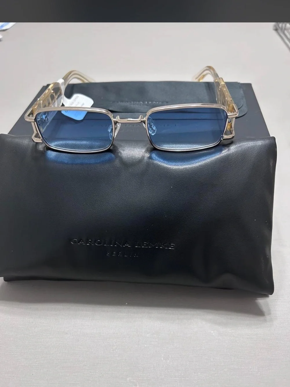 Brand New Carolina Lemke Unisex Rectangular Sunglasses with Blue Lenses